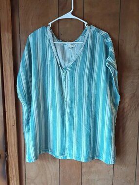 Wonderly Women's 2X Green White Striped Cotton V-Neck Short Sleeve Blouse